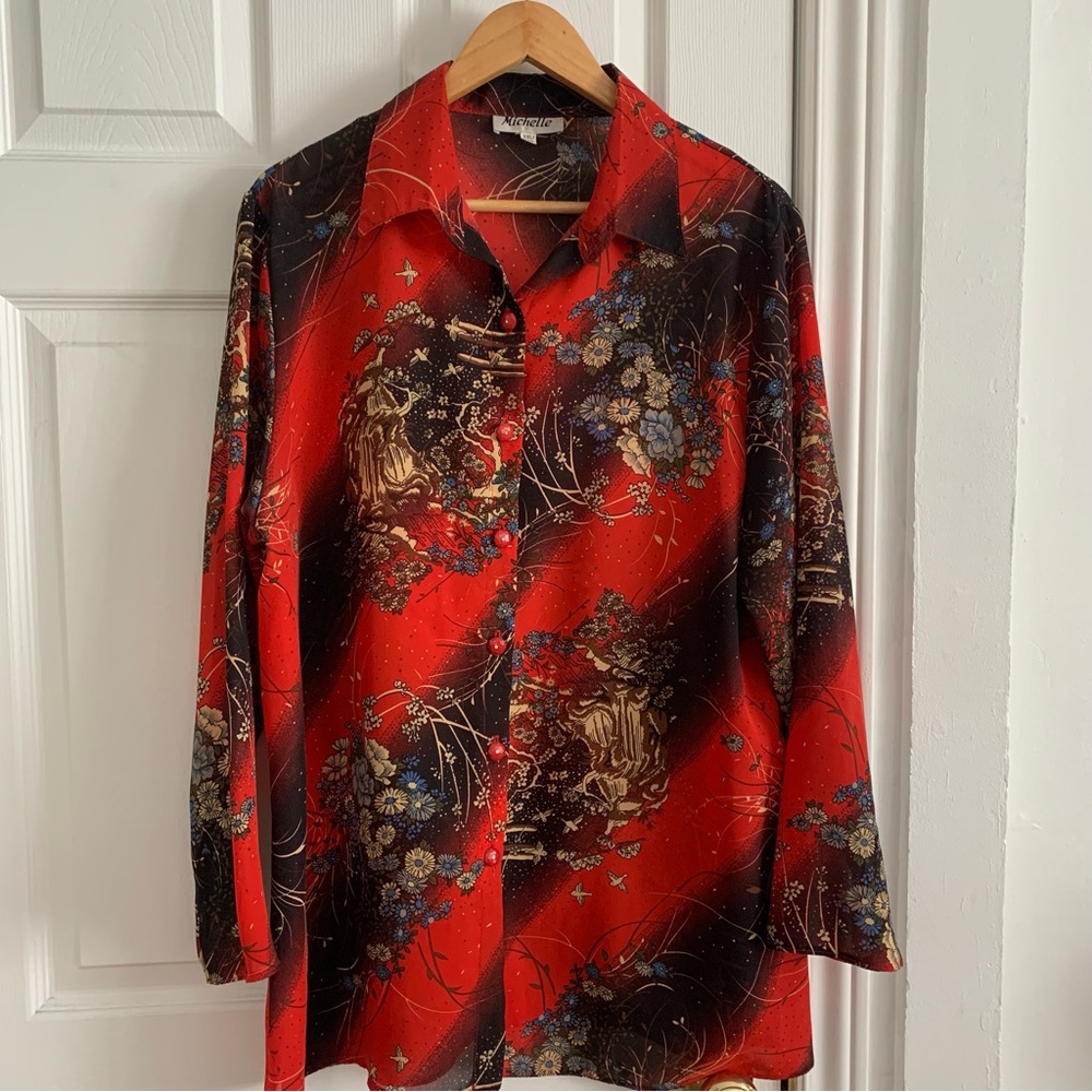 Vintage Red Patterned Button Front Blouse